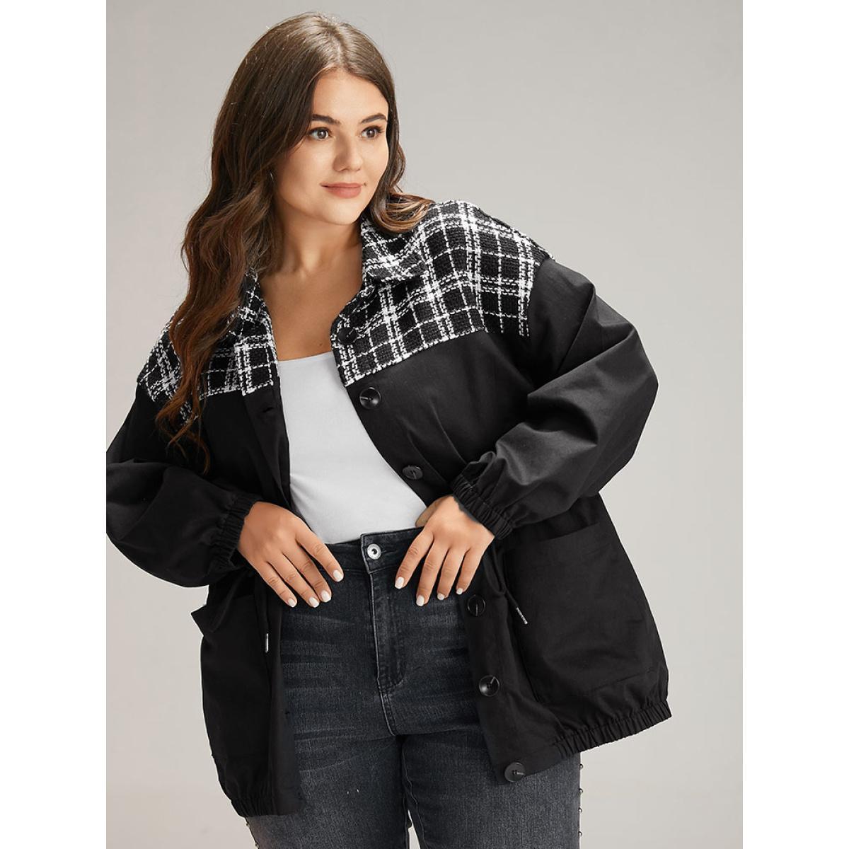 Plus Size Plaid Patchwork Contrast Drawstring Button Up Jacket Women Black Elastic cuffs Pocket Dailywear Jackets BloomChic 18-20/2X Product Image