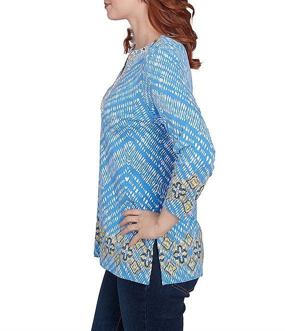 Ruby Rd. Knit Embellished Medallion Placement Border Print Split V-Neck 3/4 Sleeve Top Product Image