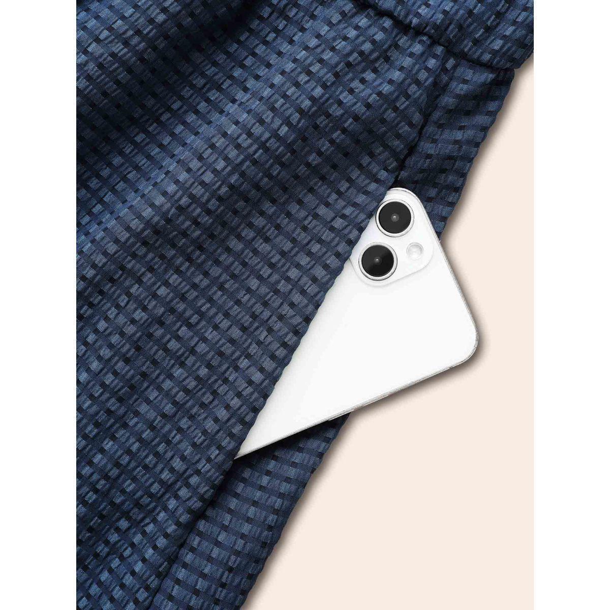 Plus Size Overlap Collar Plain Textured Midi Dress DarkBlue Women Elegant Texture Overlap Collar Long Sleeve Curvy BloomChic 30/6X Product Image