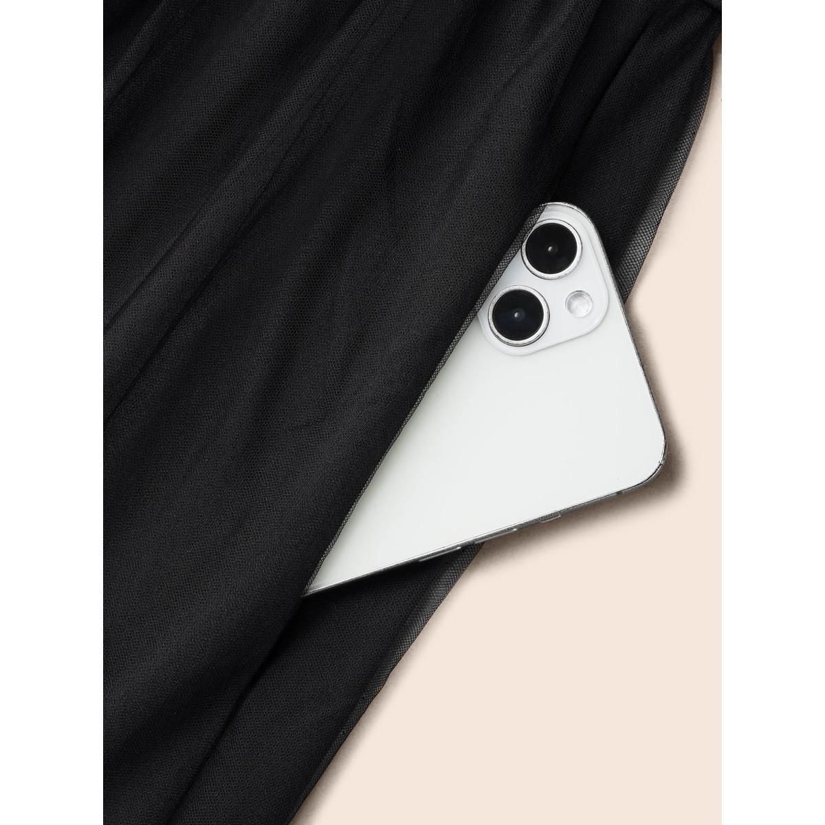 Plus Size Floral Embroidered Hem Stretchy-Waist Pockets Midi Dress BlackFlower Women Elegant See through V-neck Short sleeve Curvy BloomChic 22-24/3X Product Image