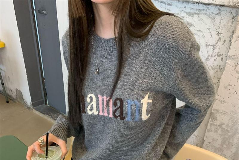 Crew Neck Lettering Jacquard Sweater Product Image