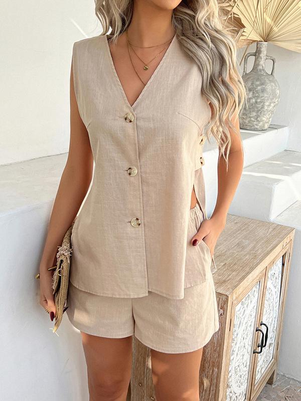 Loose Sleeveless Buttoned Hollow Solid Color V-Neck Vest Top + Pockets Elasticity Shorts Bottom Two Pieces Set Product Image