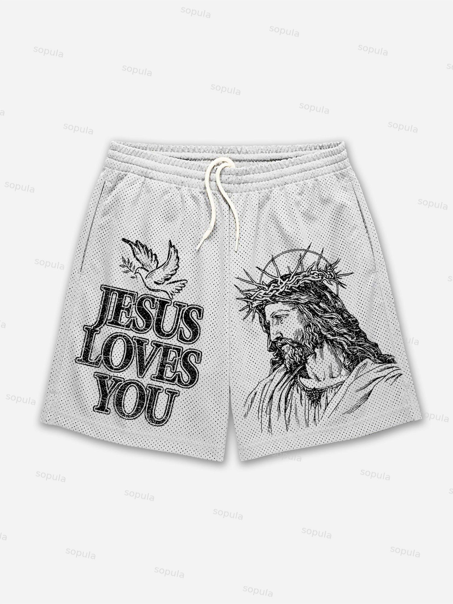 Jesus Loves You Print Mesh Shorts Product Image