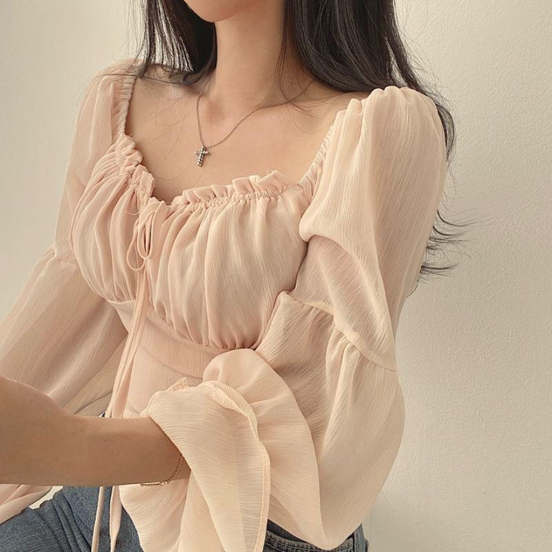 Cinched Sleeve Square Neck Plain Ruched Tie Front Blouse Product Image