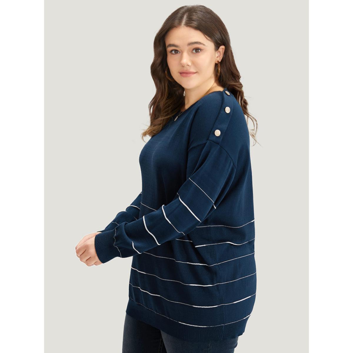 Plus Size Striped Metal Button Detail Elastic Cuffs Pullover Navy Women Casual Loose Long Sleeve Round Neck Everyday Pullovers BloomChic 12/L Product Image