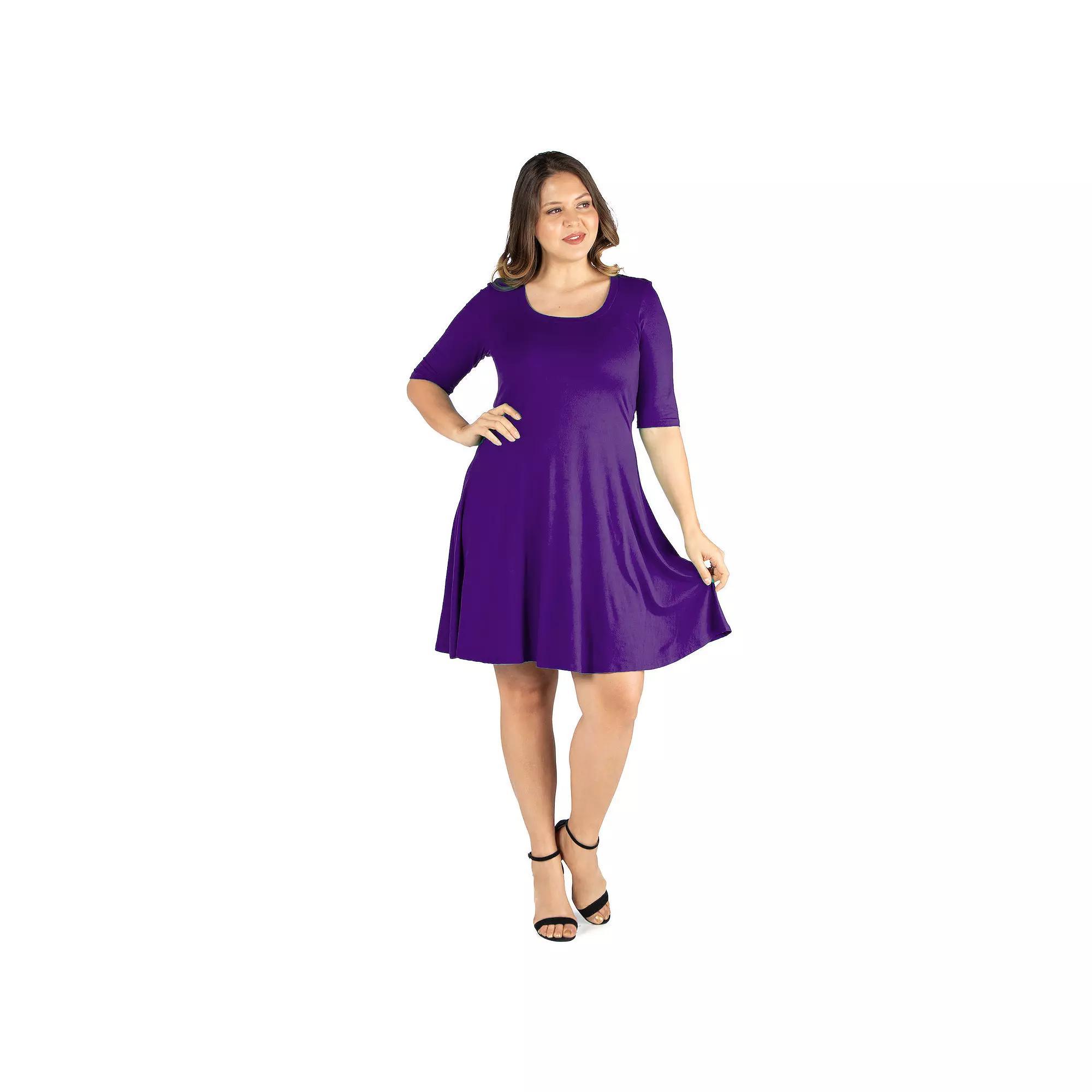 Plus Size 24seven Comfort Apparel Elbow Sleeve Knee Length Dress, Women's, Size: 1XL, Purple Product Image