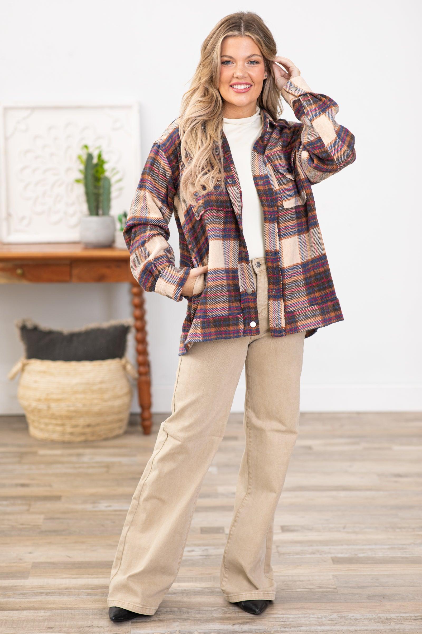 Brown and Tan Multicolor Plaid Shacket Product Image