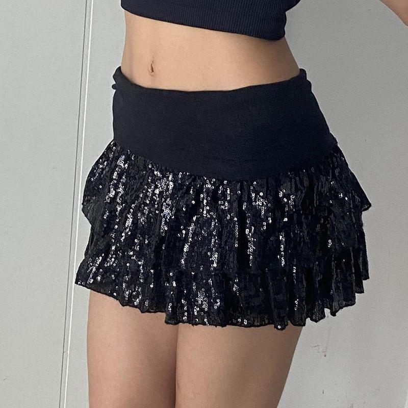 Low Rise Sequin Layered Mini A-Line Skirt Product Image