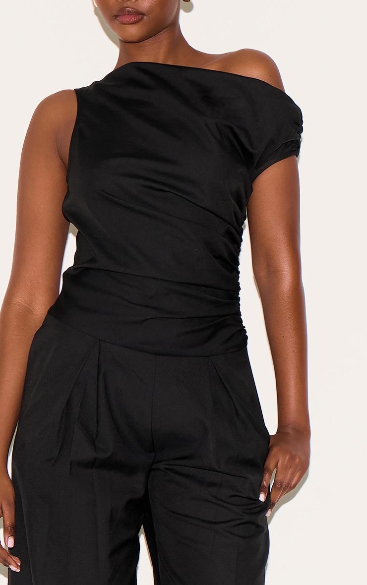  Black Woven Ruched One Sleeve Jumpsuit Product Image