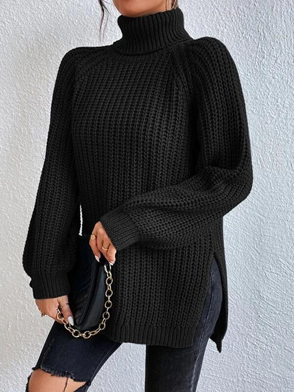 Long Sleeves Loose Solid Color Split-Side High Neck Pullovers Sweater Tops Product Image