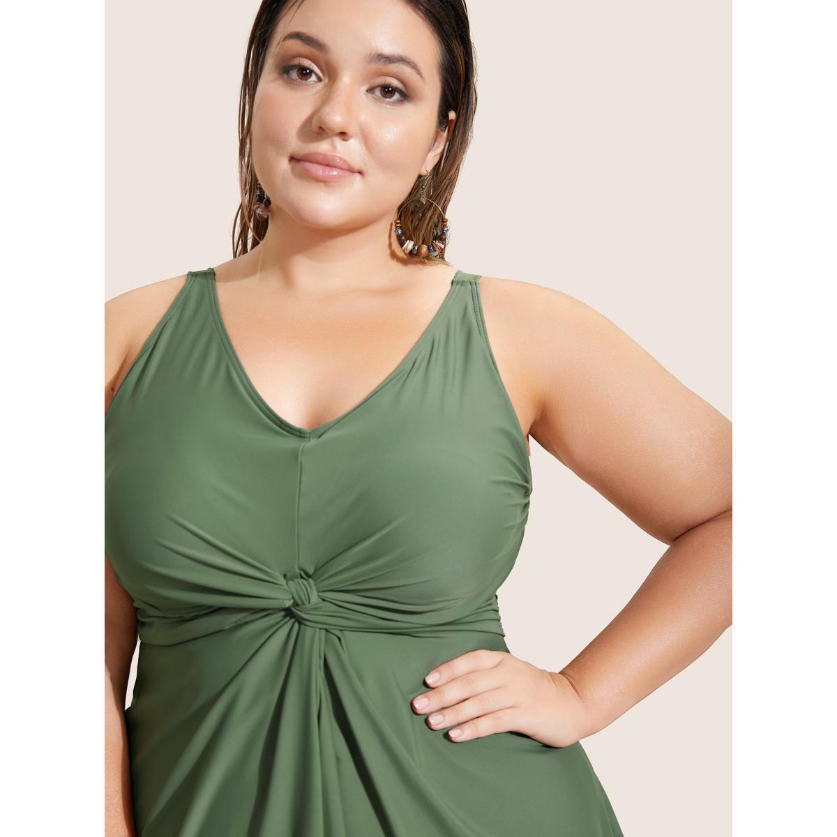 Plus Size Plain Twist Front Gathered Swim Dress Women's Swimwear ArmyGreen Beach Bodycon V-neck High stretch Curve Swim Dresses BloomChic 26/4X Product Image