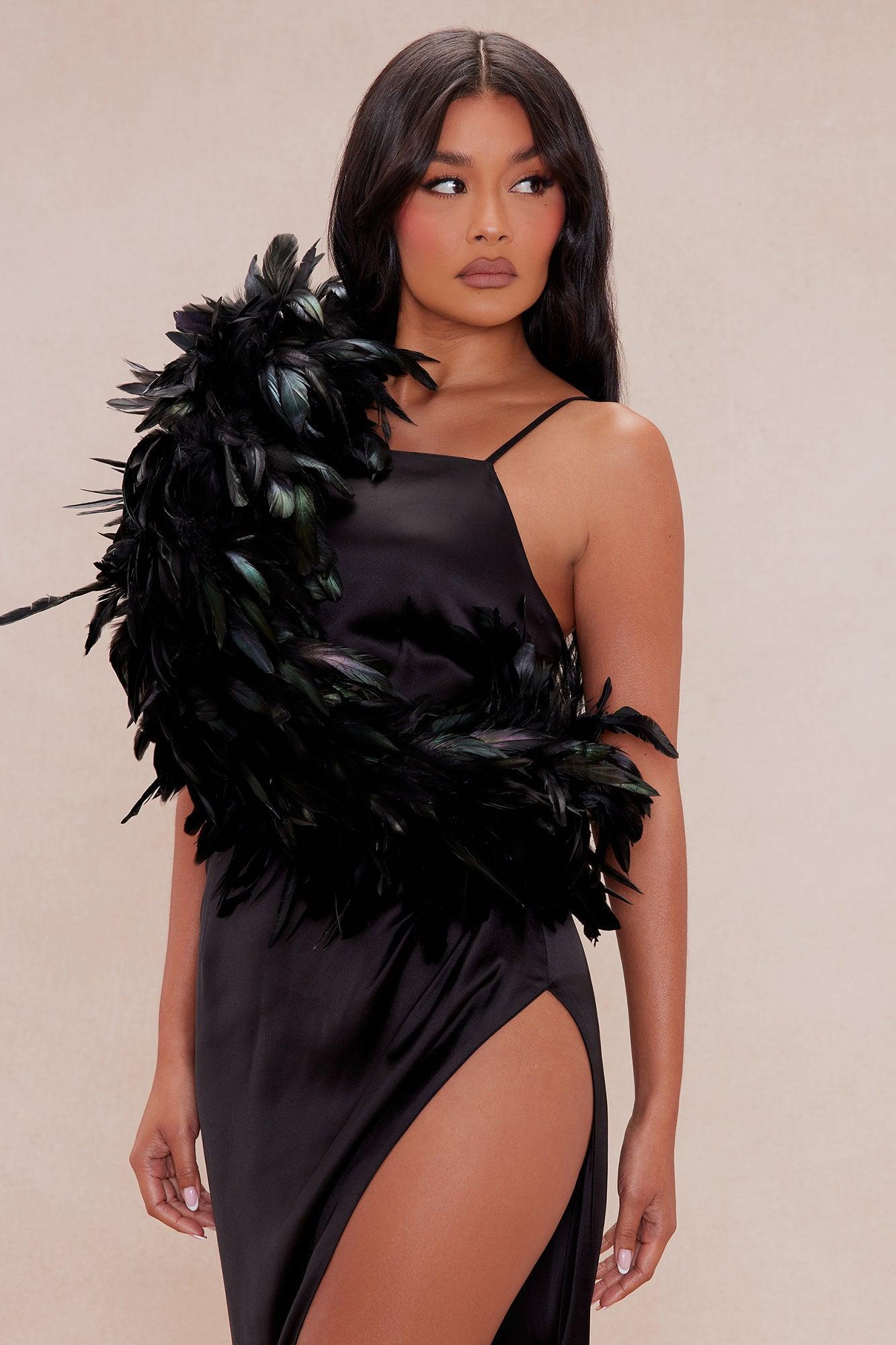 Lelani Satin Feather Dress - Black Product Image