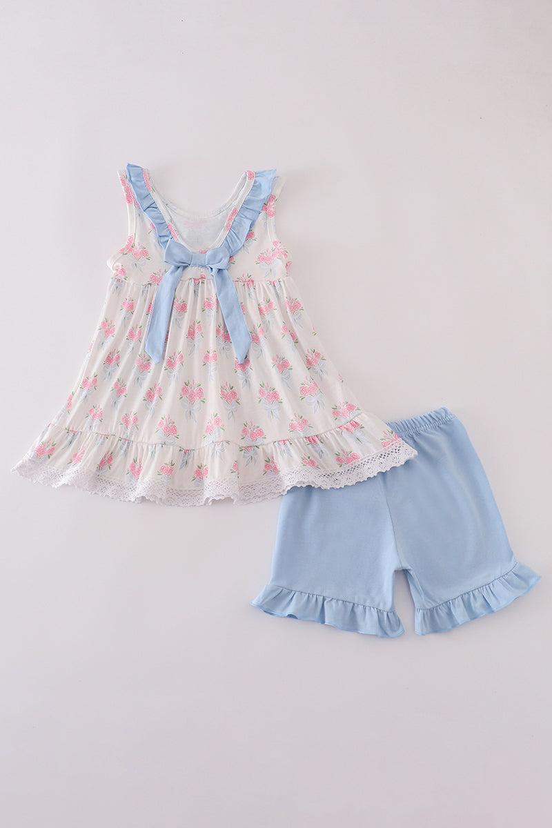 Blue floral bow print ruffle shorts set Product Image