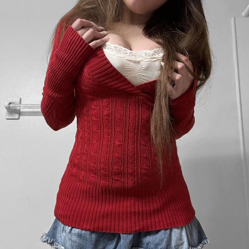 V-Neck Plain Hood Cable Knit Sweater Product Image