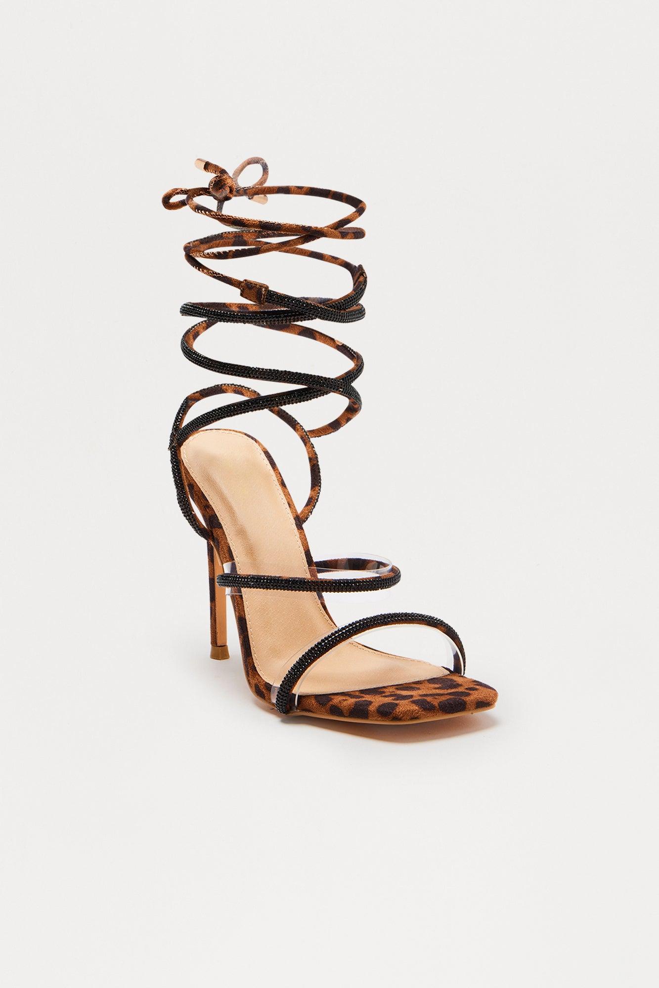 Hexa Rhinestone Wrap Up Heels - Leopard Product Image