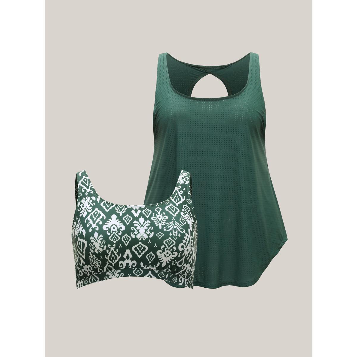 Plus Size Two-Piece Boho Print Swim Top Women's Swimwear DarkGreen Resort Cut-Out High stretch Bodycon U-neck Curve Swim Tops BloomChic 28/5X Product Image