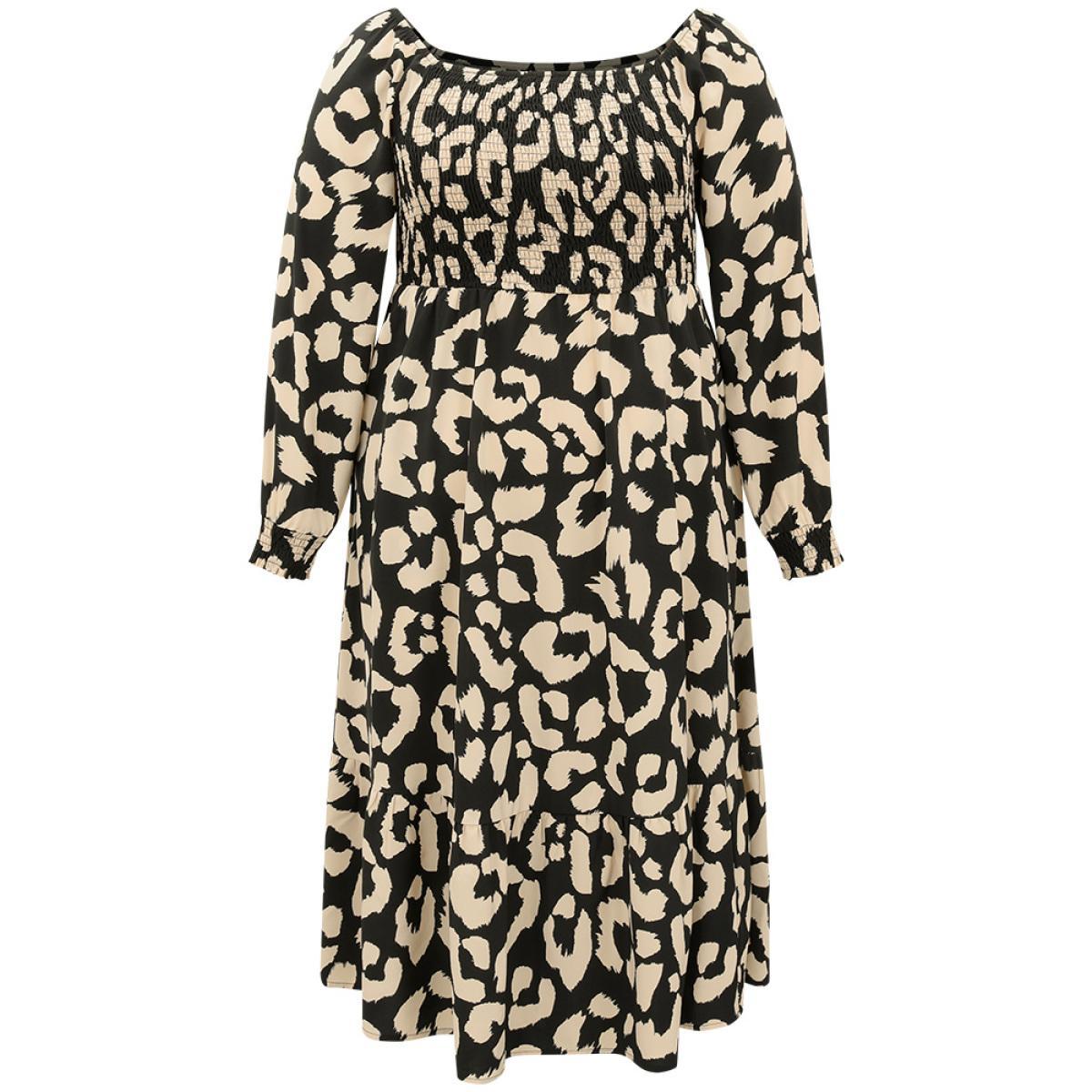 Plus Size Leopard Shirred Square Neck Lantern Sleeve Dress Black Women At the Office Printed Square Neck Long Sleeve Curvy Midi Dress BloomChic 18-20/2X Product Image