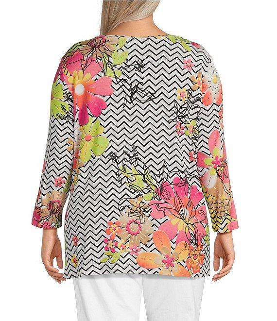 Multiples Plus Size Embellished Placement Print Scoop Neck 3/4 Sleeve Fitted Knit Top Product Image