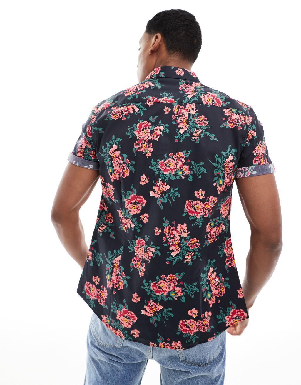 ASOS DESIGN stretch slim shirt with black base floral Product Image