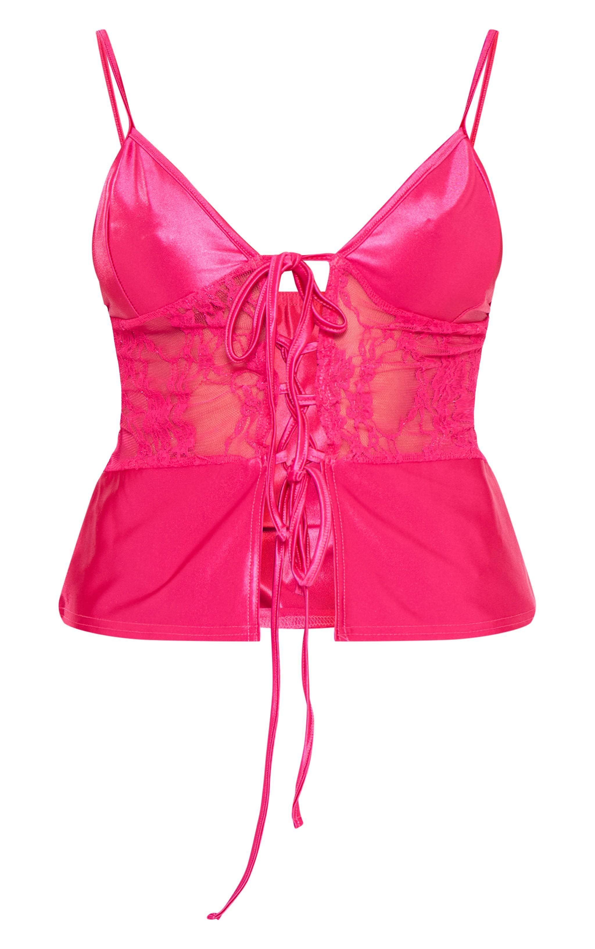 Hot Pink Satin & Lace Mix Cami Top Product Image