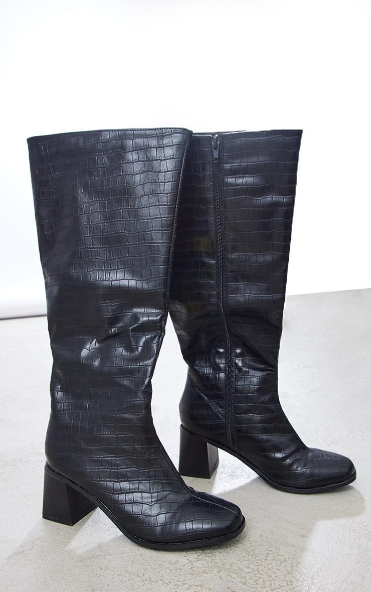 Black Wide Fit Pu Croc Square Toe Mid Block Heeled Knee Boots Product Image