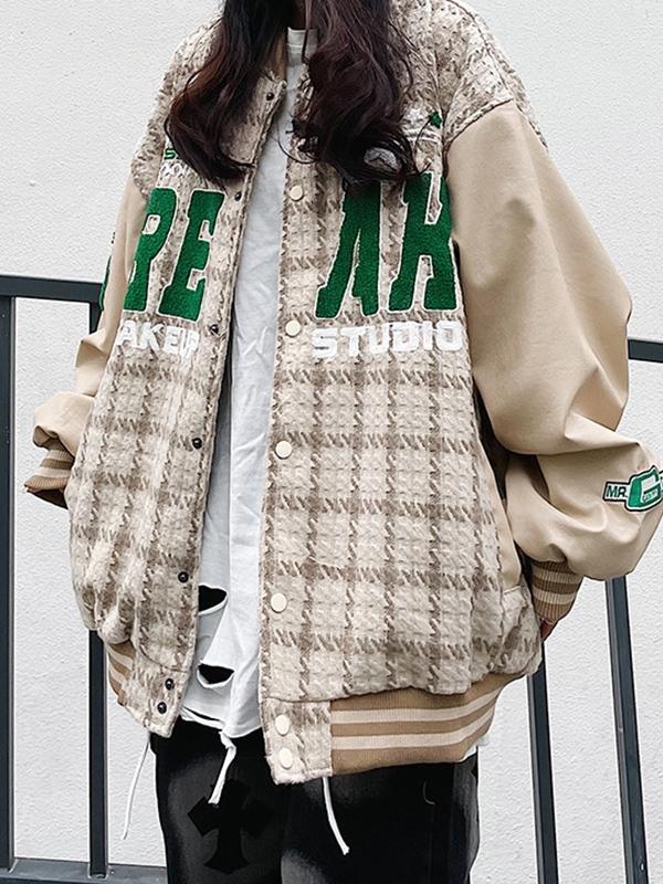 Letter Embroidery Plaid Splice Varsity Jacket Product Image