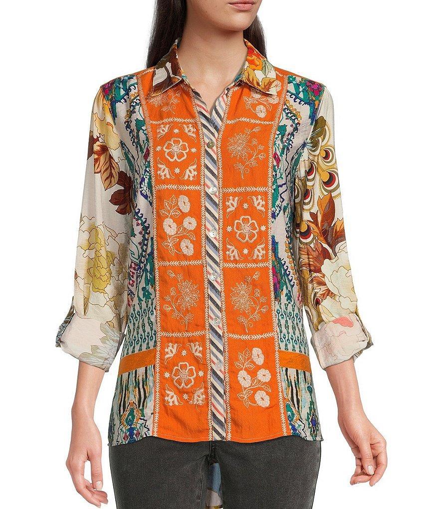 John Mark Point Collar Button Front Long Roll-Tab Sleeve Embroidered Panel Multi Print Tunic Product Image