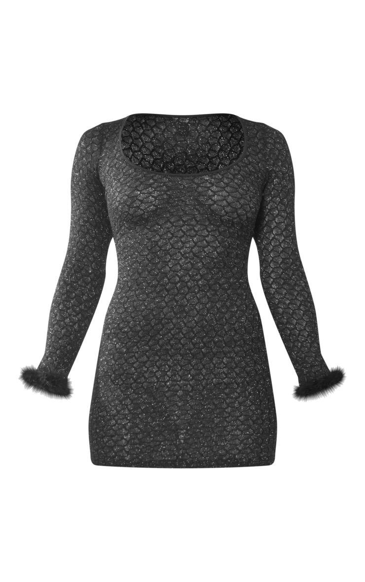 Black Textured Glitter Feather Cuff Long Sleeve Bodycon Dress Product Image