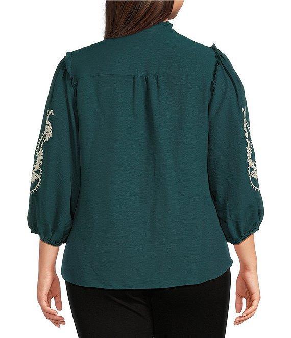 Calessa Plus Size Embroidered Placement Print Ruffle Split V-Neck 3/4 Sleeve Button Front Tunic Product Image