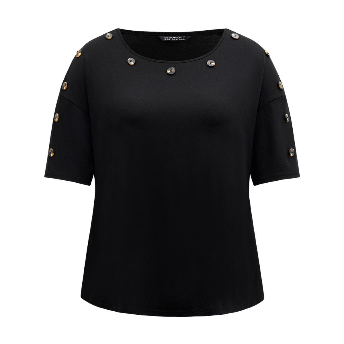 Plus Size Plain Button Detail Drop Shoulder T-shirt Black Women Casual Button Plain Round Neck Dailywear T-shirts BloomChic 22-24/3X Product Image