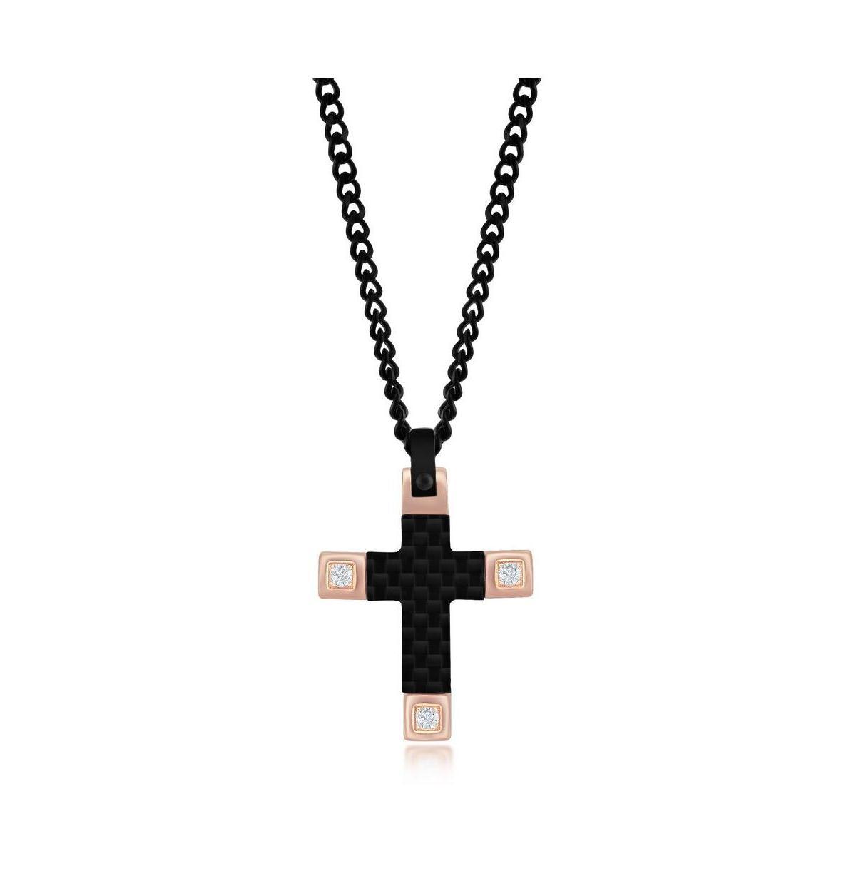 Mens Stainless Steel Black & Rose Gold Cz Cross Necklace Product Image