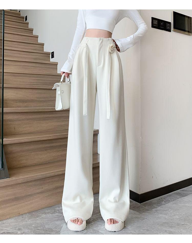 High Waist Plain Flower Accent Wide Leg Suit Pants Product Image