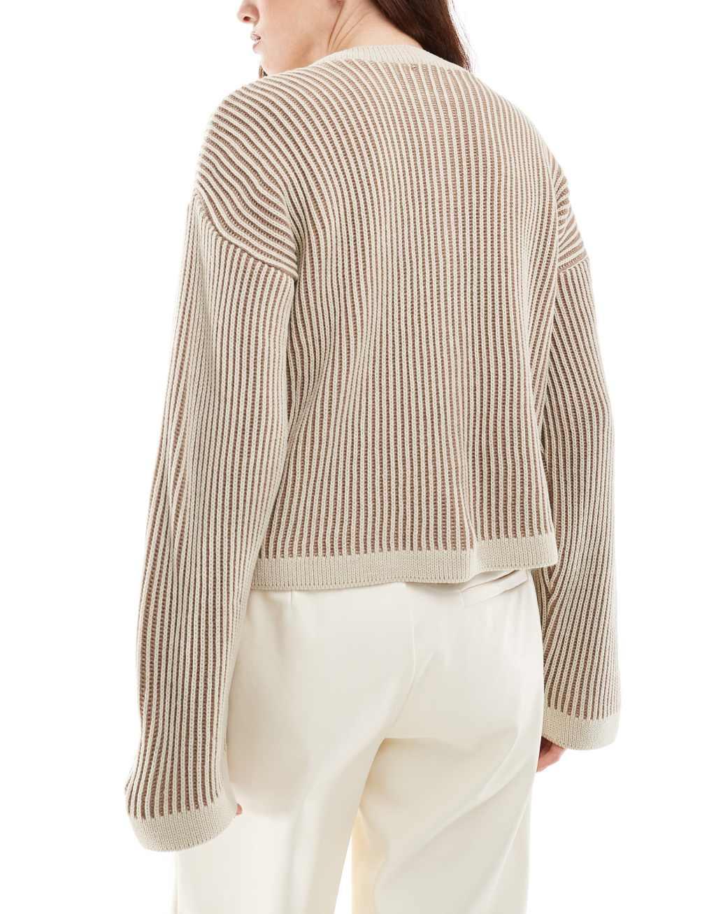 ASOS DESIGN crew neck cardigan with plated detail in neutral Product Image