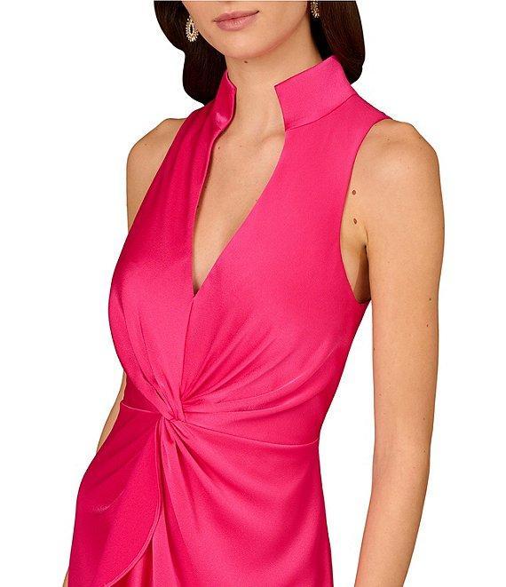 Aidan Mattox Satin V-Neck Twist Front with Cascading Ruffle Gown Product Image