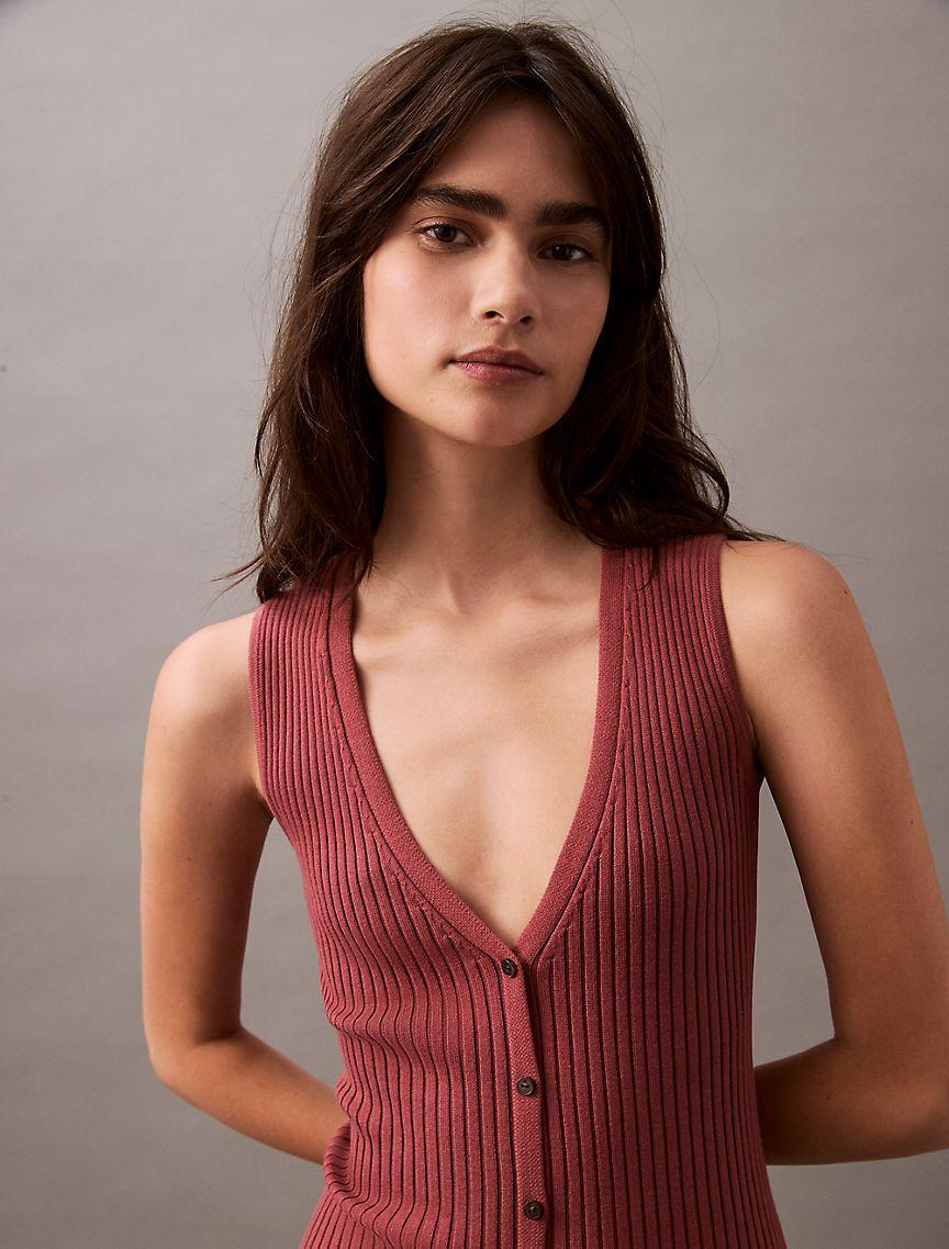 Smooth Cotton Rib Sweater Midi V-Neck Dress Product Image