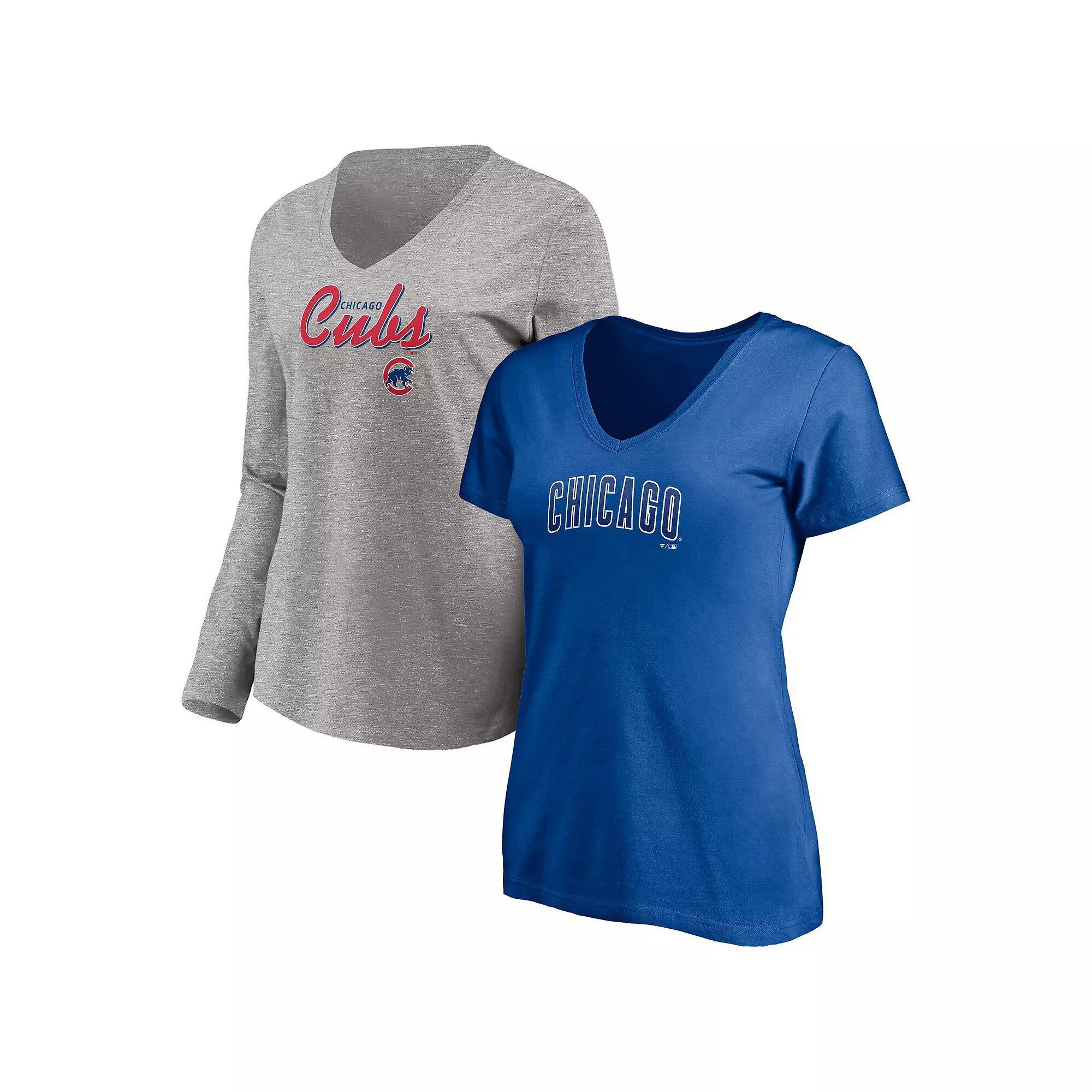 Women's Fanatics Branded Royal/Heathered Gray Chicago Cubs Team V-Neck T-Shirt Combo Set, Size: Small Product Image