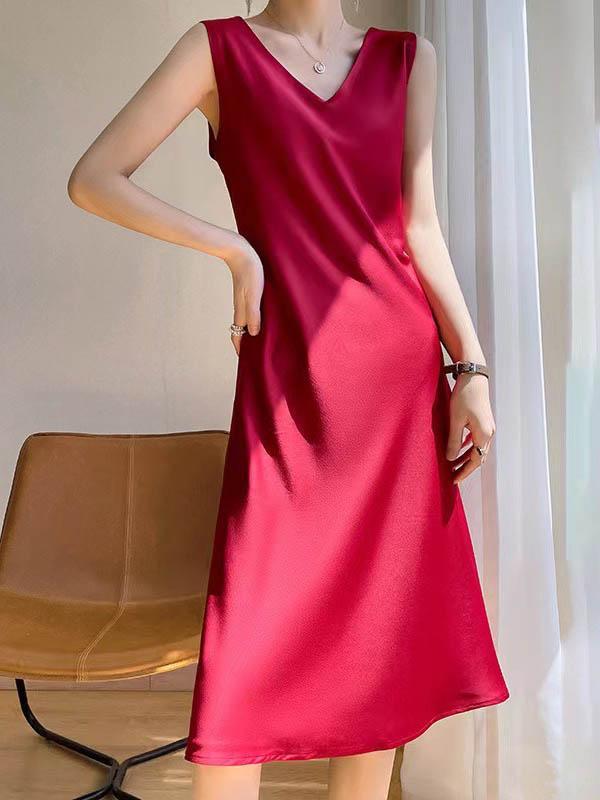 A-Line Loose Solid Color V-Neck Midi Dresses Product Image