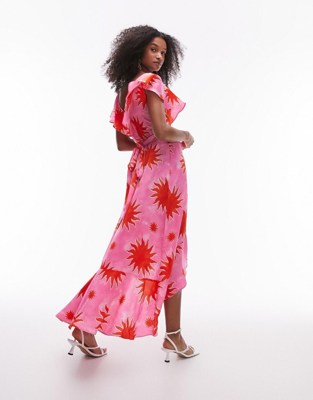 Topshop frill wrap maxi dress in pink and red splodge print Product Image