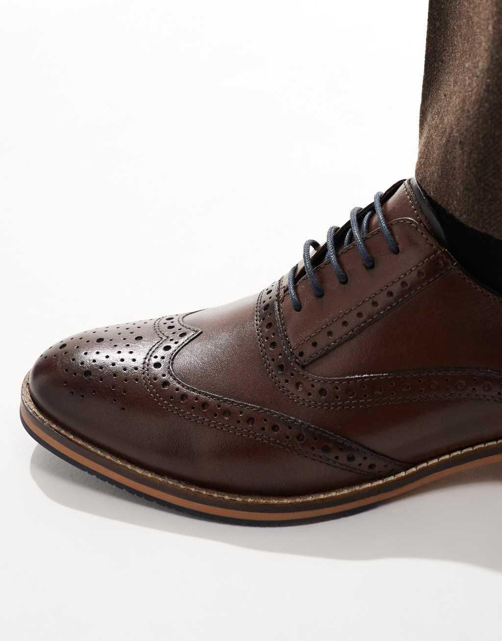 ASOS DESIGN lace up brogue shoes in brown leather with natural sole Product Image