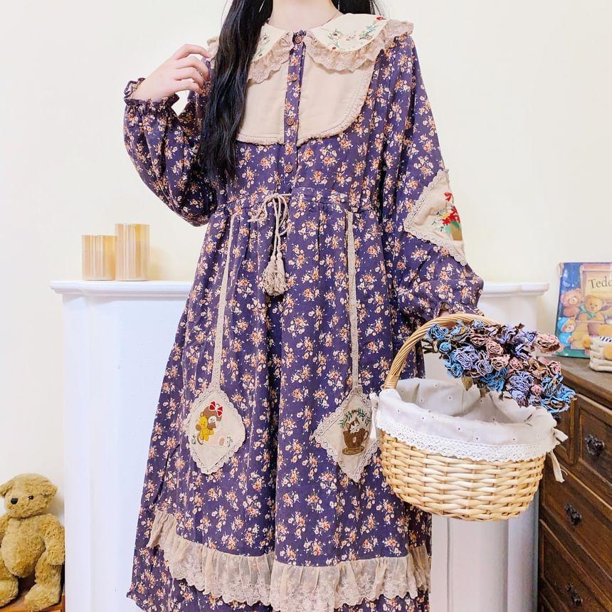 Long-Sleeve Collar Floral Embroidered Patchwork Lace Trim Midi A-Line Dress Product Image