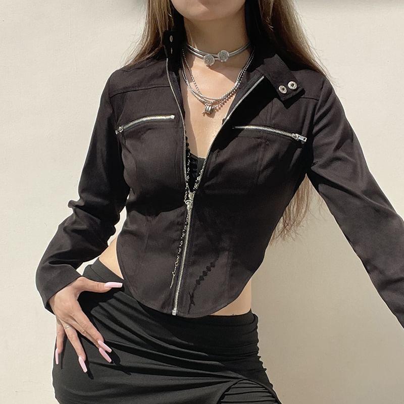 Stand Collar Plain Faux Leather Crop Zip  Jacket Product Image