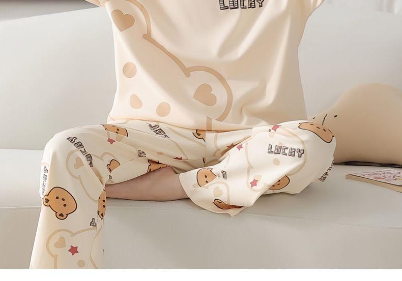 Loungewear Set : Long-Sleeve Bear Print Padded T-Shirt + Pants Product Image