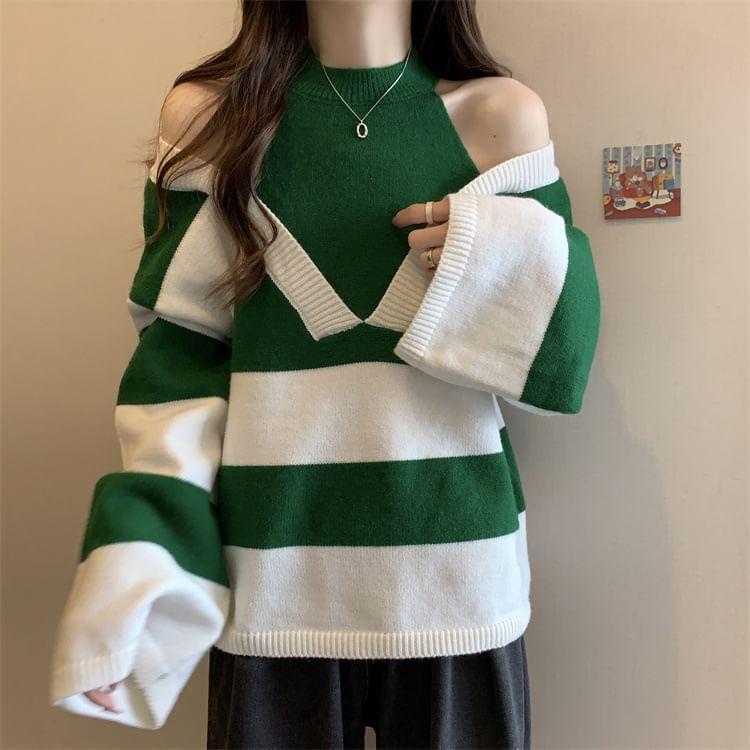 Cold Shoulder Striped Mock Two Piece Oversized Sweater Product Image