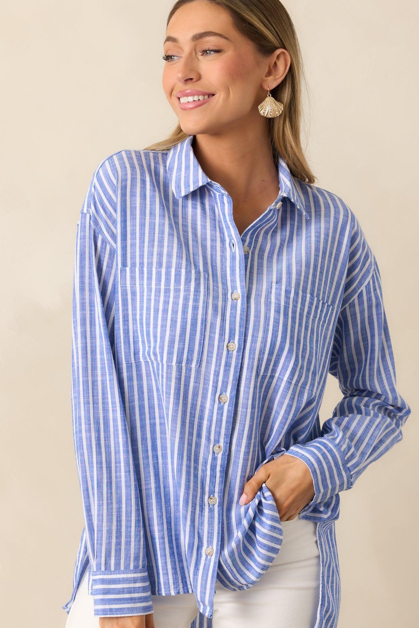 Coastline Cruise Blue Stripe Chambray Button Front Top Product Image