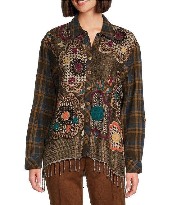 John Mark Mix Media Collar Long Sleeve Button Front Top Product Image