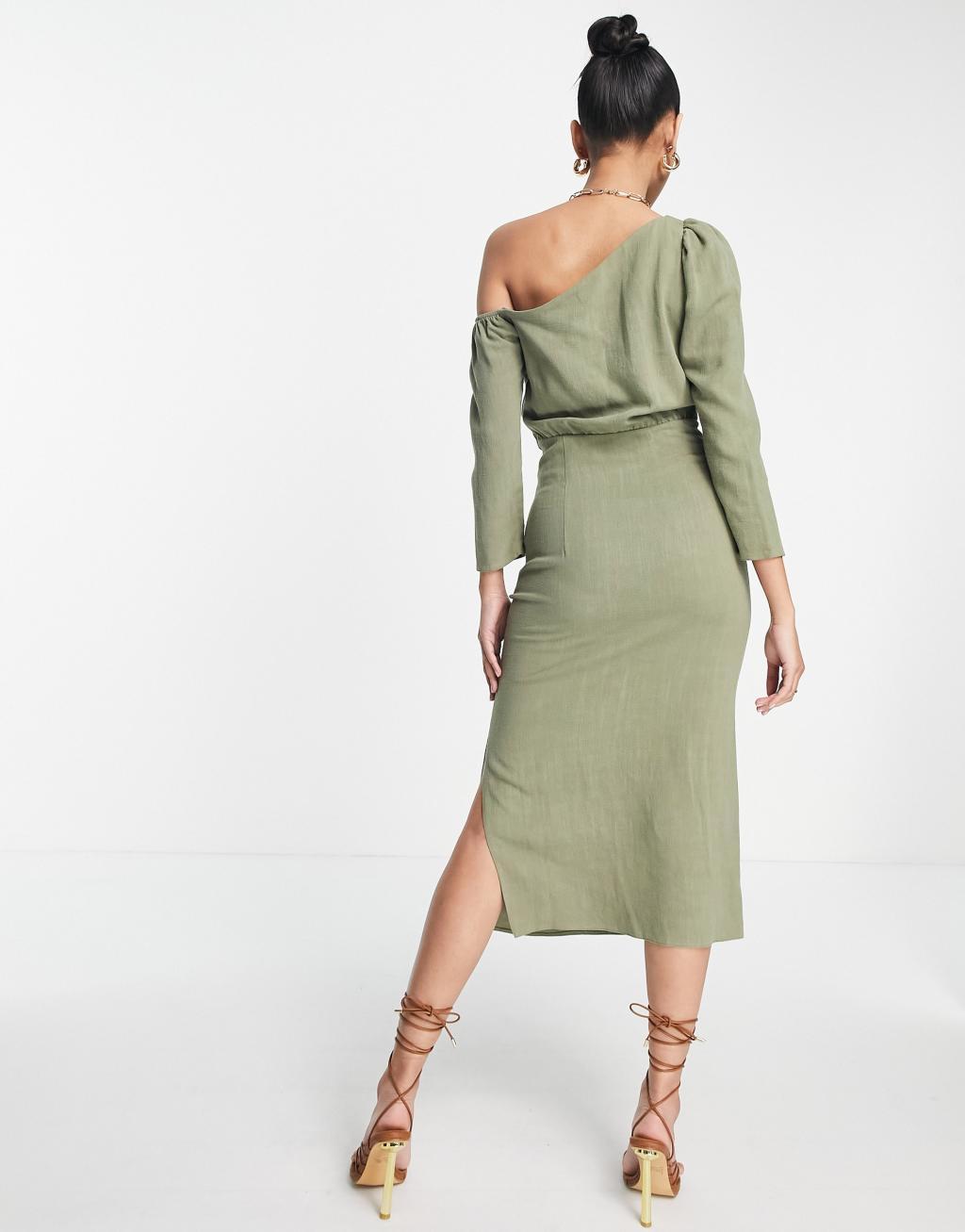 ASOS DESIGN linen fallen shoulder midi dress Product Image