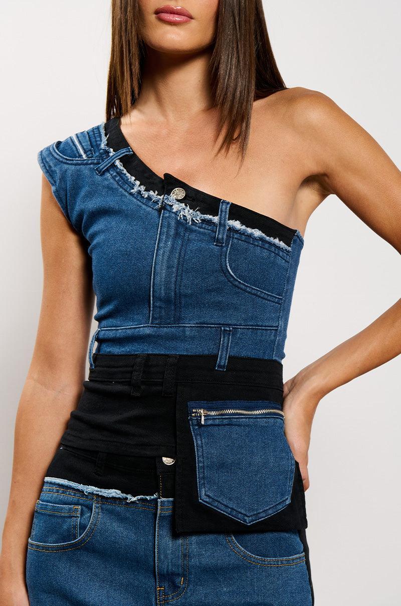 LET IT HAPPEN DENIM ONE SHOULDER TOP Product Image