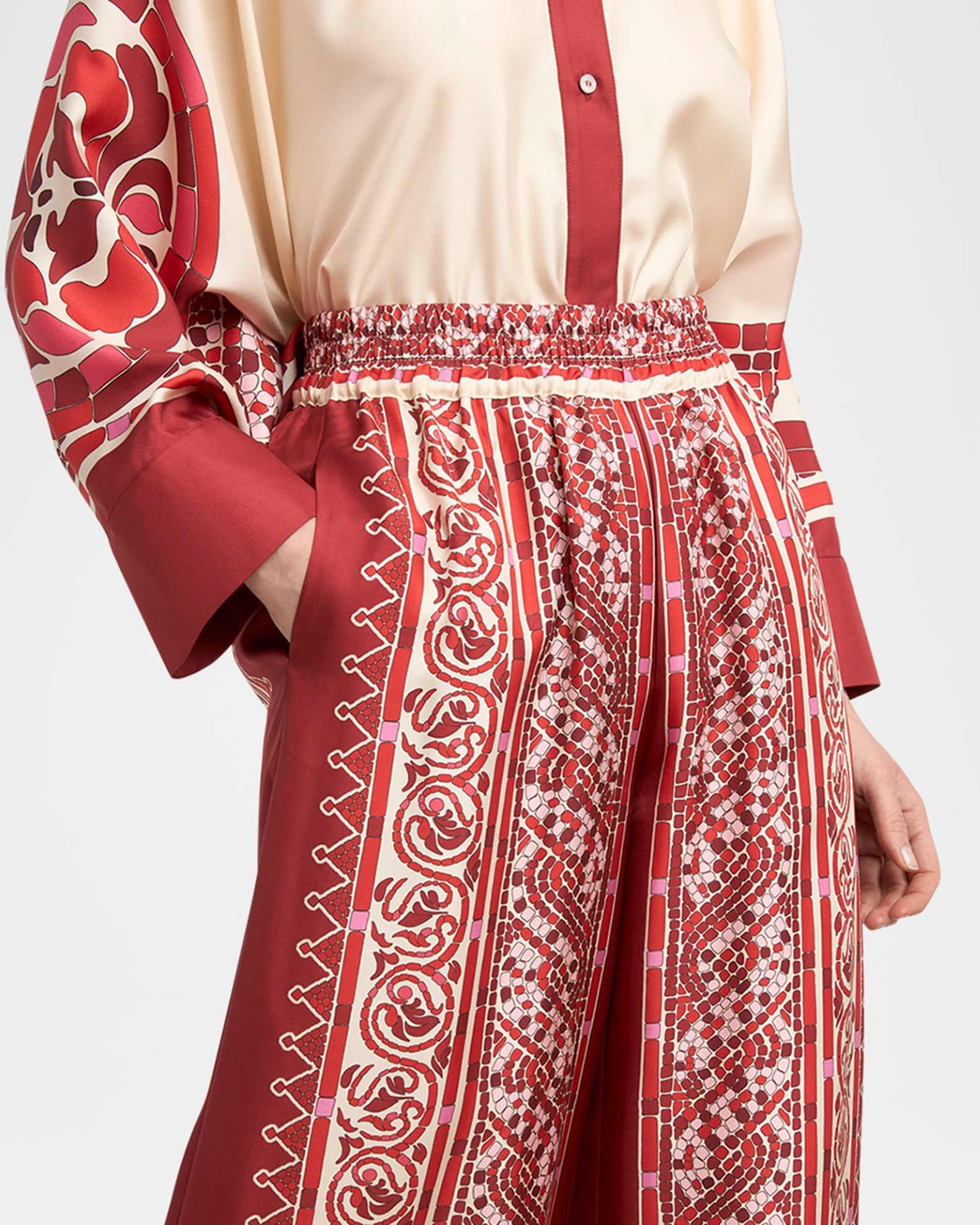 Tile-Print Silk Wide-Leg Pull-On Palazzo Pants Product Image