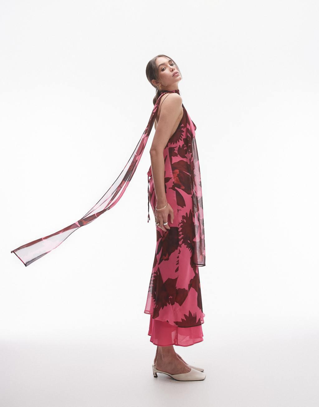 Topshop chiffon cowl slip midi dress in pink oversized floral print with scarf Product Image