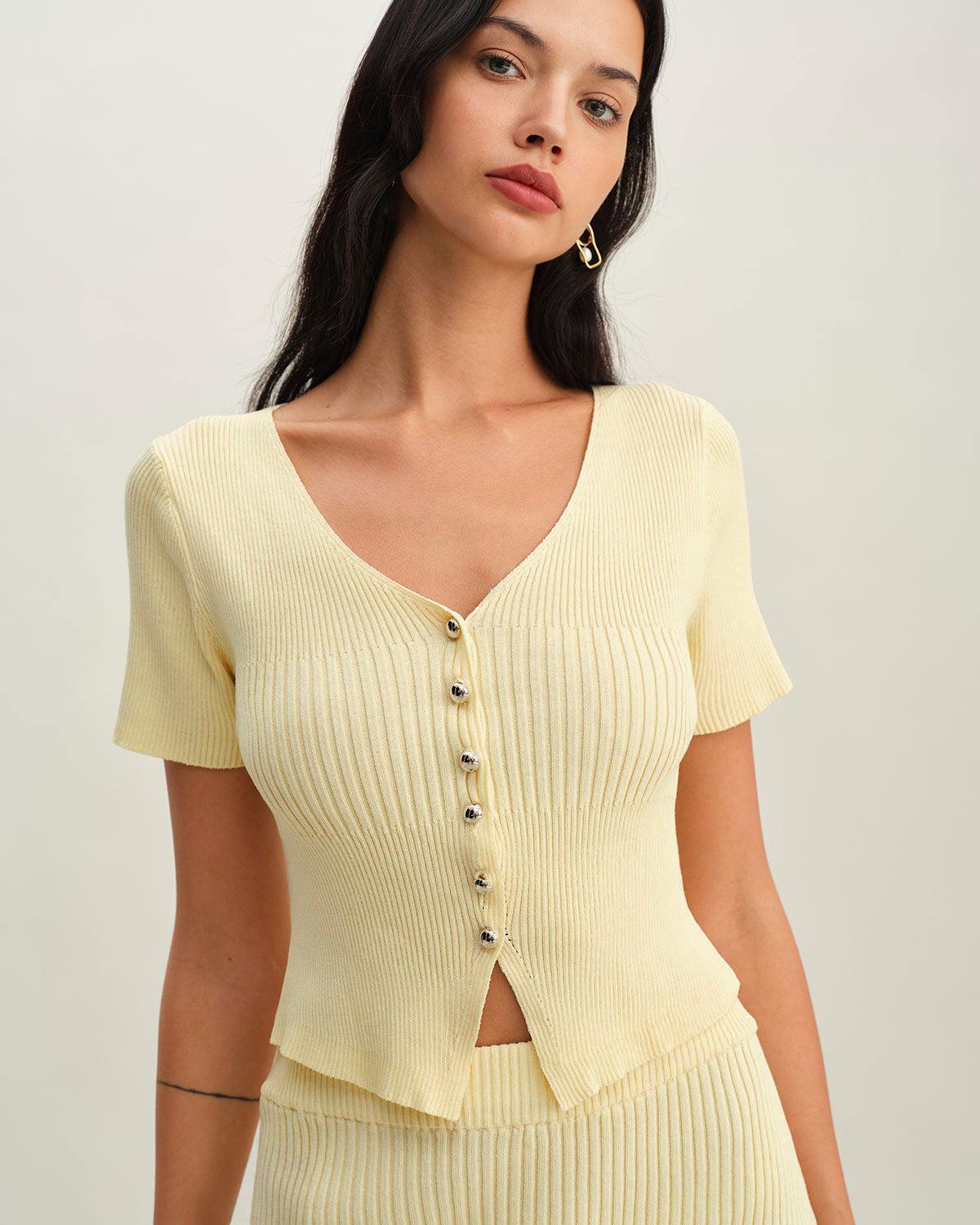 Beige V Neck Button Knit Cardigan Product Image